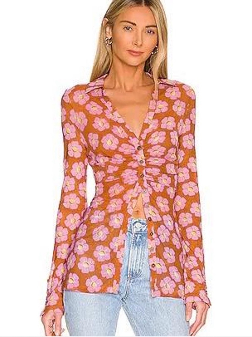 Free People Pink Floral Button-Front Brown Blouse